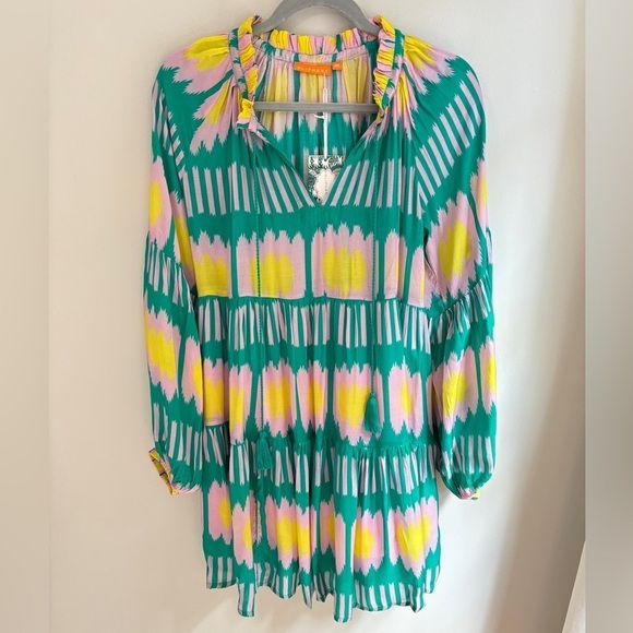 NWT Oliphant Balloon Sleeve Short Dress in Green & Pink Ikat, Silk Blend XXS - Picture 2 of 2